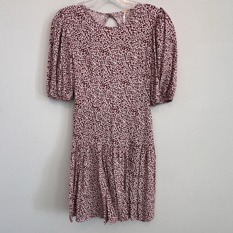 Free People XS Red White Floral Open Back Puff Sleeve Mini Dress Viscose Womens image 1