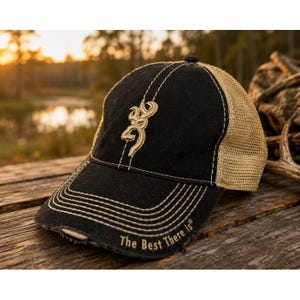 Browning Buckmark Mesh Trucker Hat Cap Black Tan Distressed Hunting OSFM image 1
