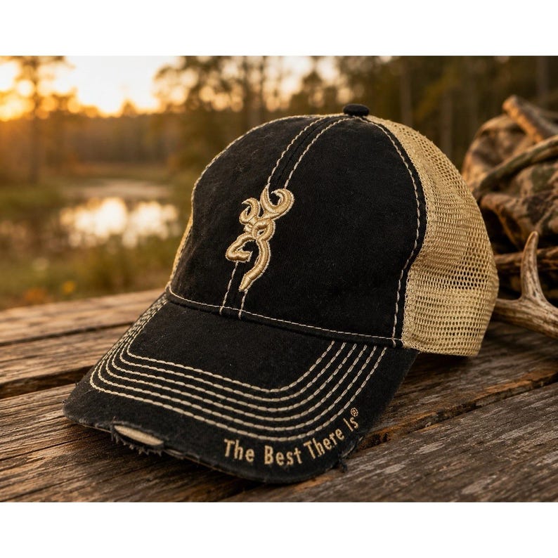 Browning Buckmark Mesh Trucker Hat Cap Black Tan Distressed Hunting OSFM image 1