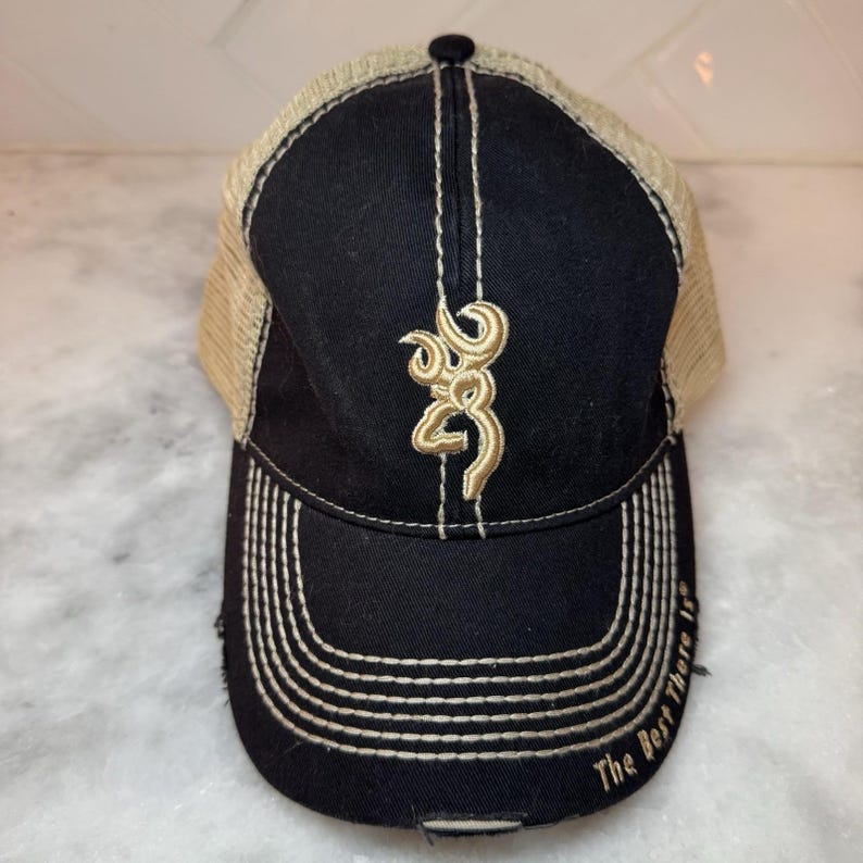 Browning Buckmark Mesh Trucker Hat Cap Black Tan Distressed Hunting OSFM image 2
