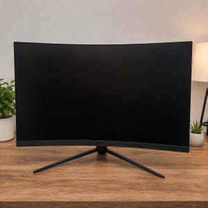 Peut inclure: Un écran d'ordinateur incurvé MSI noir avec un cadre fin et un pied en forme de trépied noir. L'écran est sombre et vide, avec le logo MSI centré sur le bord inférieur. Le moniteur est positionné sur une surface en bois.