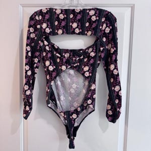 Free People Floral Long Sleeve Bodysuit Cutout Back Pink Purple Size S image 2