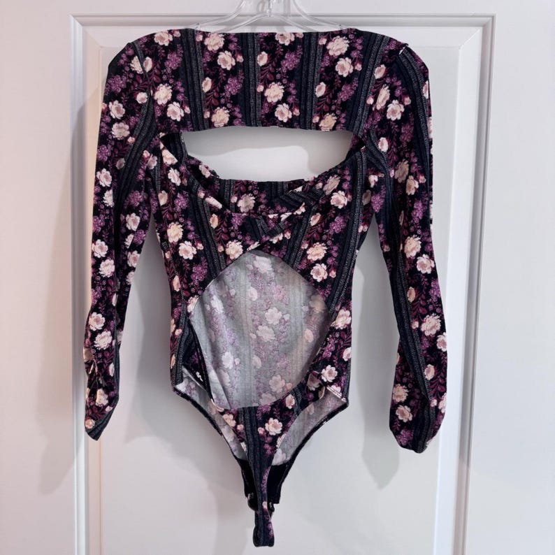 Free People Floral Long Sleeve Bodysuit Cutout Back Pink Purple Size S image 2