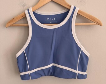 Sujetador deportivo acanalado WILO Active Melbourne Australia, azul y blanco con ribete en contraste, talla M