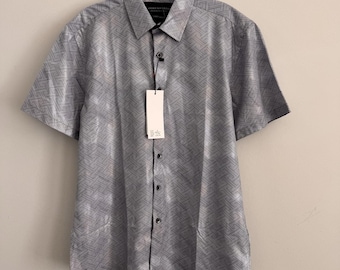 Camicia elegante American Breed da uomo, taglia M, argento metallizzato, con stampa geometrica, nuova con etichette.