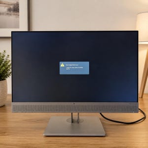 May include: A black HP computer monitor with a thin bezel and a silver base. The screen displays a blue rectangular box with a yellow warning icon and the text: Input Signal Not Found. Check the video cable and video source.