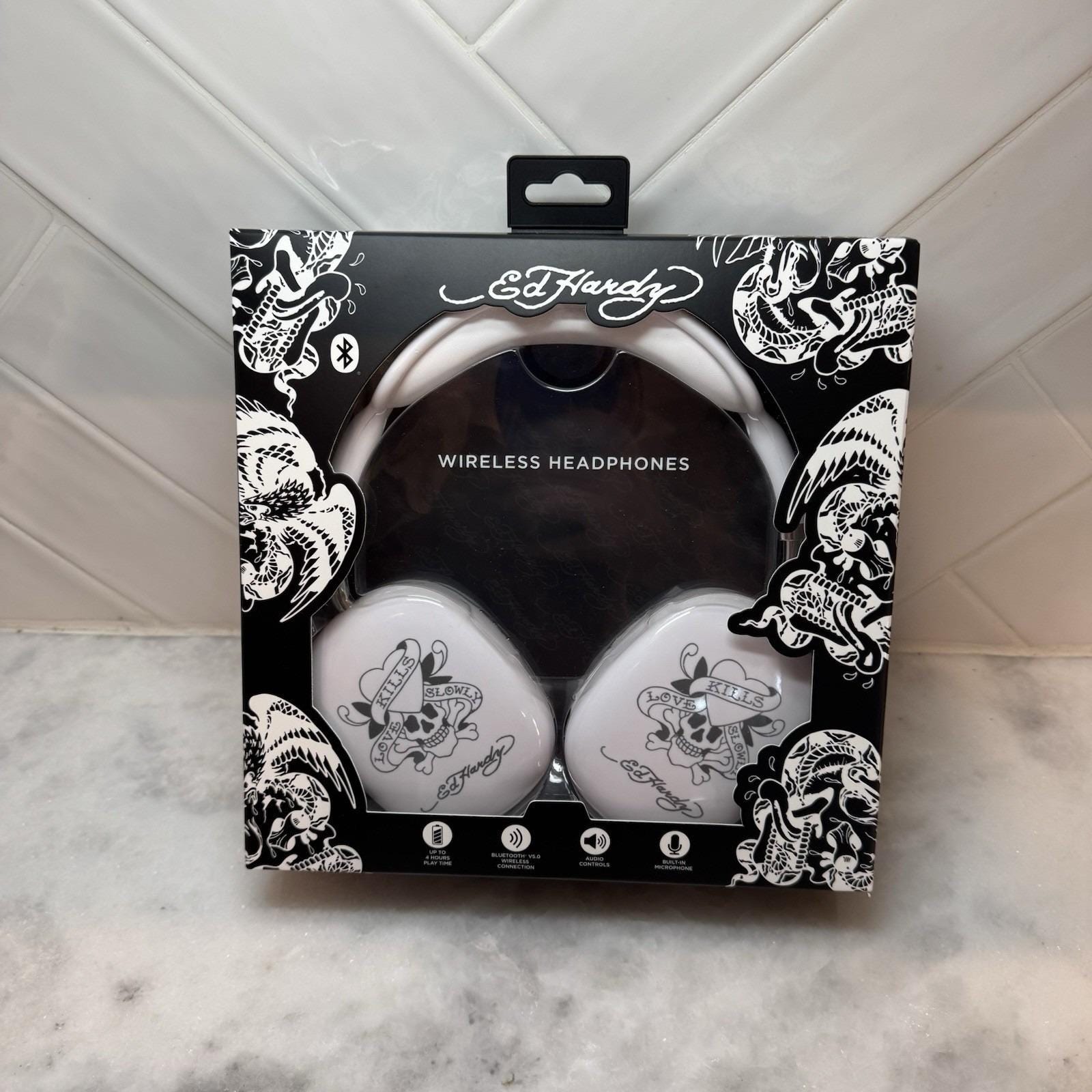 海外限定 エドハーディー ワイヤレスヘッドフォン ホワイト スカル タトゥー柄 Ed Hardy Wireless Bluetooth Headphones White Tattoo Design, Noise