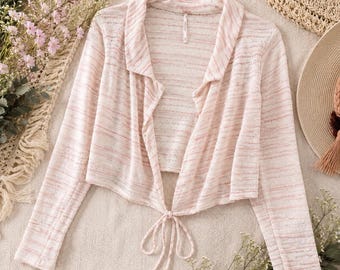 Free People XS ピンク アイボリー オープンフロント タイ カーディガン ニット ボヘミアン セーター