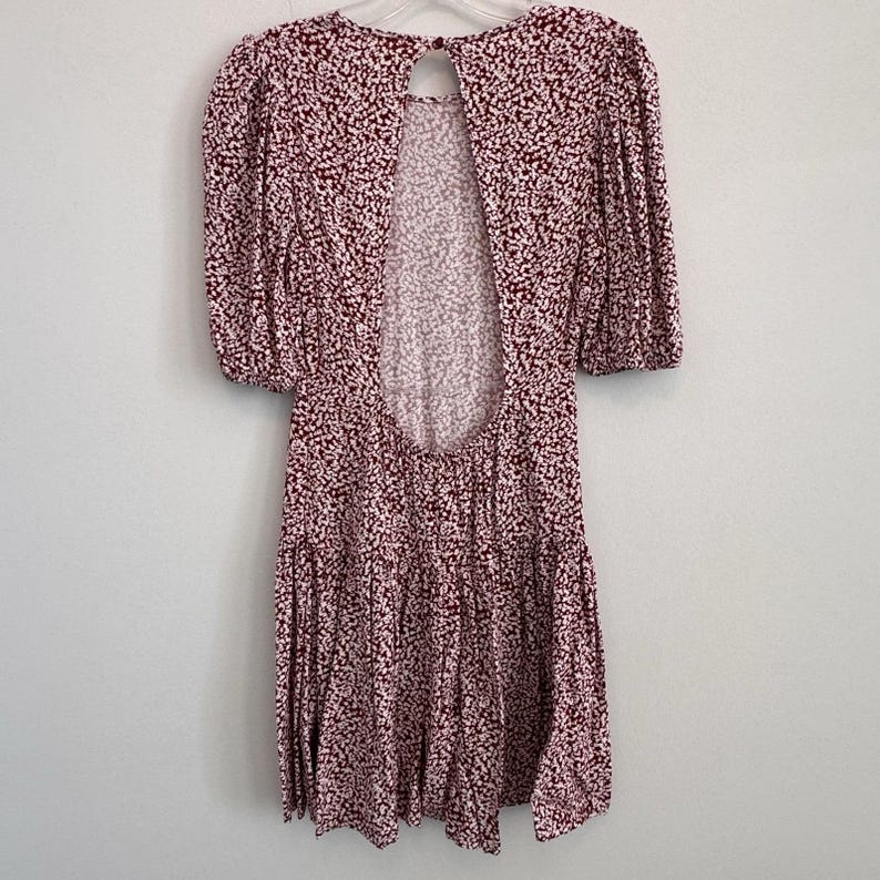 Free People XS Red White Floral Open Back Puff Sleeve Mini Dress Viscose Womens image 8