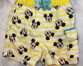 Disney Baby Mickey Mouse Swim Trunks 18-24M Yellow White Stripe Board Shorts L
