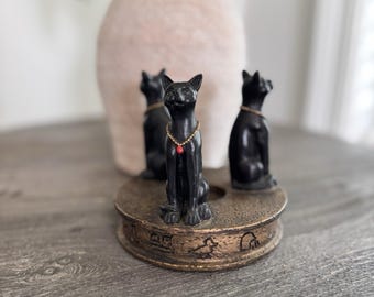 Egyptian Bastet Cat Candle Holder Trio Black Gold Resin Hieroglyphics Base