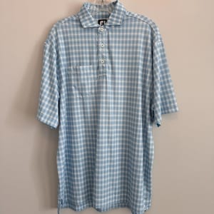 FJ Golf Polo Shirt Mens Large Blue White Gingham Plaid Performance Pocket