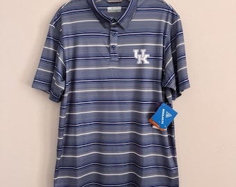 Camisa polo masculina Columbia PFG Kentucky Wildcats, tamanho M, listrada azul, nova com etiqueta.