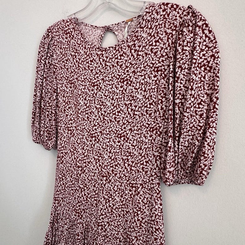 Free People XS Red White Floral Open Back Puff Sleeve Mini Dress Viscose Womens image 2