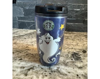 Caneca de viagem de plástico para café Starbucks Halloween Ghost Barista 2001-03. 8oz RARO