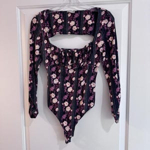 Free People Floral Long Sleeve Bodysuit Cutout Back Pink Purple Size S image 1