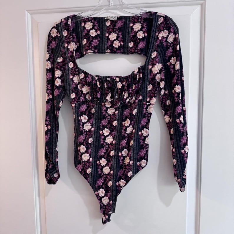 Free People Floral Long Sleeve Bodysuit Cutout Back Pink Purple Size S image 1