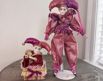 Set of 2 Vintage Porcelain Jester Dolls 16" & 8" Harlequin Musical Jack in Box