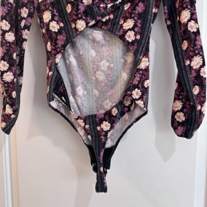 Free People Floral Long Sleeve Bodysuit Cutout Back Pink Purple Size S image 7