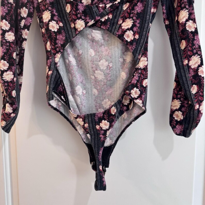 Free People Floral Long Sleeve Bodysuit Cutout Back Pink Purple Size S image 7
