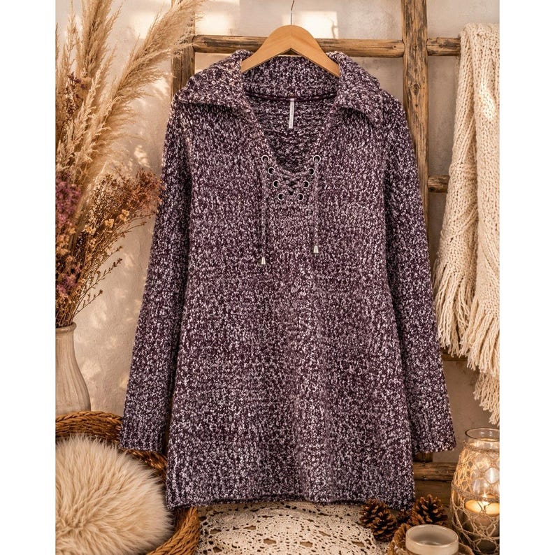 Vestido suéter Free People nuevo con etiquetas, talla pequeña, bouclé, con cordones, túnica, estilo boho, cómodo, morado, para mujer. imagen 1