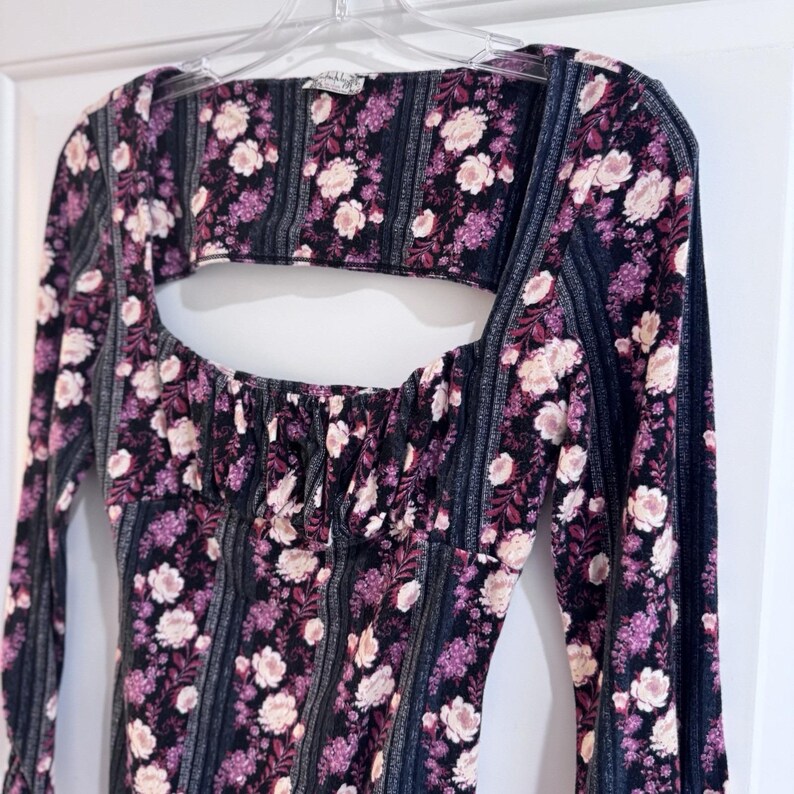 Free People Floral Long Sleeve Bodysuit Cutout Back Pink Purple Size S image 3