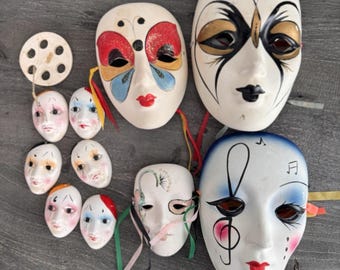 Vintage Ceramic Face Mask Lot 11 Harlequin Mardi Gras Wall Decor Musical Pierrot