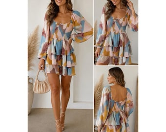 Entro Boho Romper Dress M Abstract Print Smocked Balloon Sleeve M