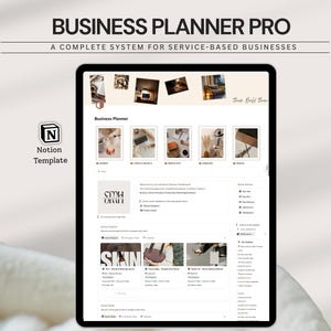May include: A digital tablet displays a "Business Planner Pro" interface, a complete system for service-based businesses. The screen shows a dashboard with various sections, including business, clients, and productivity. The text "Notion Template" is also visible.