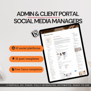 Op de afbeelding: Een digitale marketingafbeelding met de tekst "ADMIN & CLIENT PORTAL SOCIAL MEDIA MANAGERS". De afbeelding bevat een tablet met een portalinterface, samen met pictogrammen en tekst die functies aangeven zoals 10 sociale platforms en 12 posttemplates.