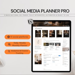 May include: A digital tablet displays a "Social Media Planner Pro" interface. The screen shows various sections, including Foundation, Content Hub, Marketing, Insights, and Productivity & Finance. Additional text highlights 10 social platforms, daily/weekly/monthly planning, and analytics.