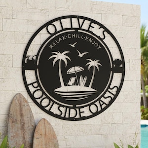 Poolside Oasis Metal Wall Sign, Custom Pool Sign, Poolside Oasis Metal Decor, Beach Themed Poolside Oasis Name Sign, Patio Pool Decor