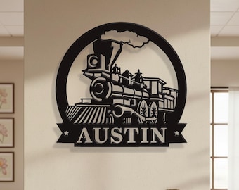 Op maat gemaakt metalen naambord met treinsilhouet, gepersonaliseerde stoomtrein muurdecoratie, naamplaatje met locomotief, metalen trein wanddecoratie, cadeau voor treinliefhebbers