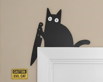 Grappige zwarte metalen kat met mes decoratie, kattendecoratie voor deurkozijn, Halloween kattencadeau, kattenbordje voor deurhoek, grappig zwart kattencadeau, deurdecoratie
