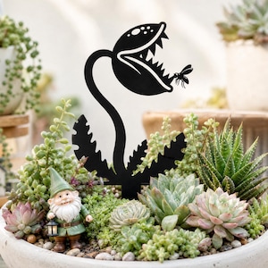 Könnte beinhalten: Eine schwarze Metallsilhouette einer fleischfressenden Pflanze mit weit geöffnetem Maul, das eine Fliege fängt, mit gezackten Blättern und einem Stiel, platziert als dekorativer Gartenstecker in einem Topf mit verschiedenen Sukkulenten.