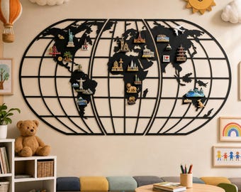 Magnetisch bord met wereldbolkaart, metalen decoratie voor reismagneten, magneethouder voor reissouvenirs, magnetisch bord met avontuurlijke wereldkaart