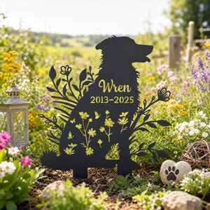 Custom Dog Memorial Garden Stake, Personalized Floral Pet Grave Marker Stake, Dog Silhouette Memorial Stake, Pet Loss Metal Yard Marker