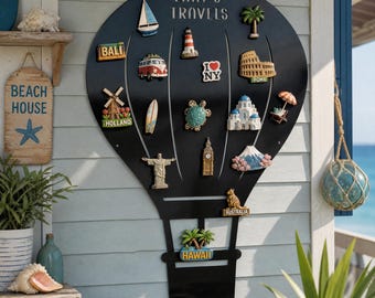 Op maat gemaakt magnetisch bord met heteluchtballonmotief, wanddecoratie met reisherinneringen, gepersonaliseerd metalen displaybord voor toeristische souvenirs, cadeau voor reisliefhebbers