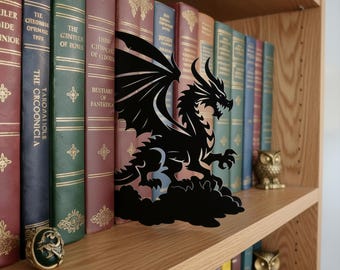Boekensteunen met drakensilhouet, cadeau voor drakenliefhebbers, boekensteunen met draak op wolken, metalen boekenlegger met draak, cadeau voor boekenliefhebbers, cadeau voor lezers