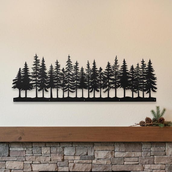 Metal Pine Tree Wall Art, Nature Forest Fireplace Mantel Decor, Farmhouse Mantel Gift, Tree Forest Wall Decor, Cabin Nature Decor Gift