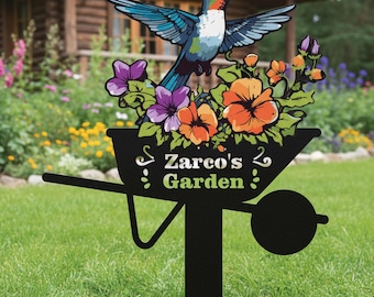 Tuindecoratie met gepersonaliseerde naam en kolibrie, bloemenmotief, kolibrie-tuinsteker, kleurrijke metalen tuinsteker met kolibrie, cadeau voor tuinliefhebbers