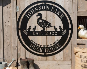 Metalen bord met gepersonaliseerde naam voor een eendenhuisje, boerderijdecoratie met eendennaam, decoratie voor een eendenhuisje, muurdecoratie in boerderijstijl, metalen bord voor de boerderij