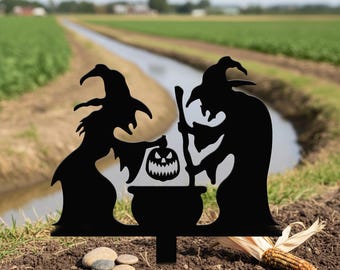 Twee heksen met een heksenketel als tuinsteker, metalen Halloween-tuindecoratie, Halloween-heksenketel metalen tuinsteker, griezelige tuinkunst