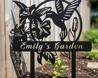 Gepersonaliseerd tuinbord met kolibrie, metalen kolibrie-decoratie, metalen tuinpaal met kolibrie, kolibrie-bord, cadeau voor tuinier