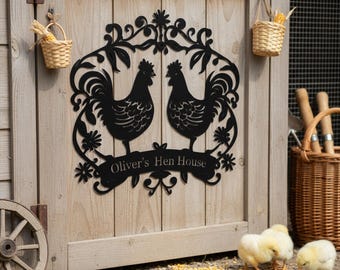 Gepersonaliseerde kippenhokdecoratie met naam, metalen kippenkunst, bord met haanmotief, landelijke muurdecoratie, gepersonaliseerd kippenhokbord