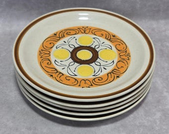 Vtg Vista Japan Stoneware Salad Plates (5) Sunburst Retro Floral Yellow Orange