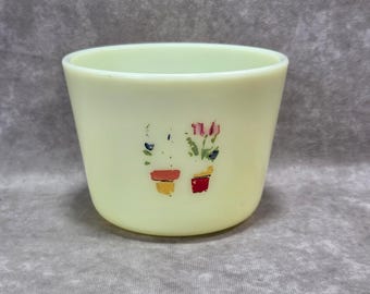Vintage McKee Ivory Milk Glass Bowl, ręcznie malowane doniczki, tulipany, jasnożółte