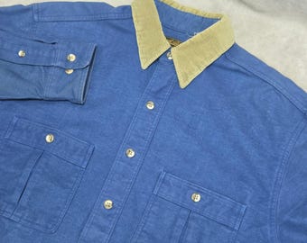 Camisa de trabajo vintage Eddie Bauer de lona azul con cuello de pana, estilo vintage para exteriores, talla L
