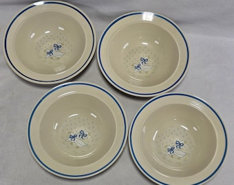 Vtg Tangshan Country Geese Soup Cereal Bowls Blue Bow Set of 4 rain drops 7.5"
