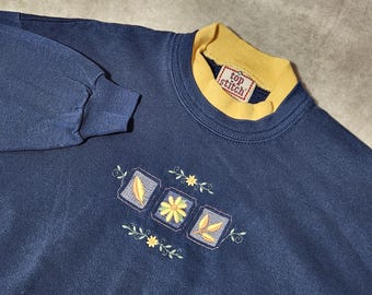 Vintage Top Stitch Morning Sun Marinblå Blommig Fjärils-Halsringad Tröja XL